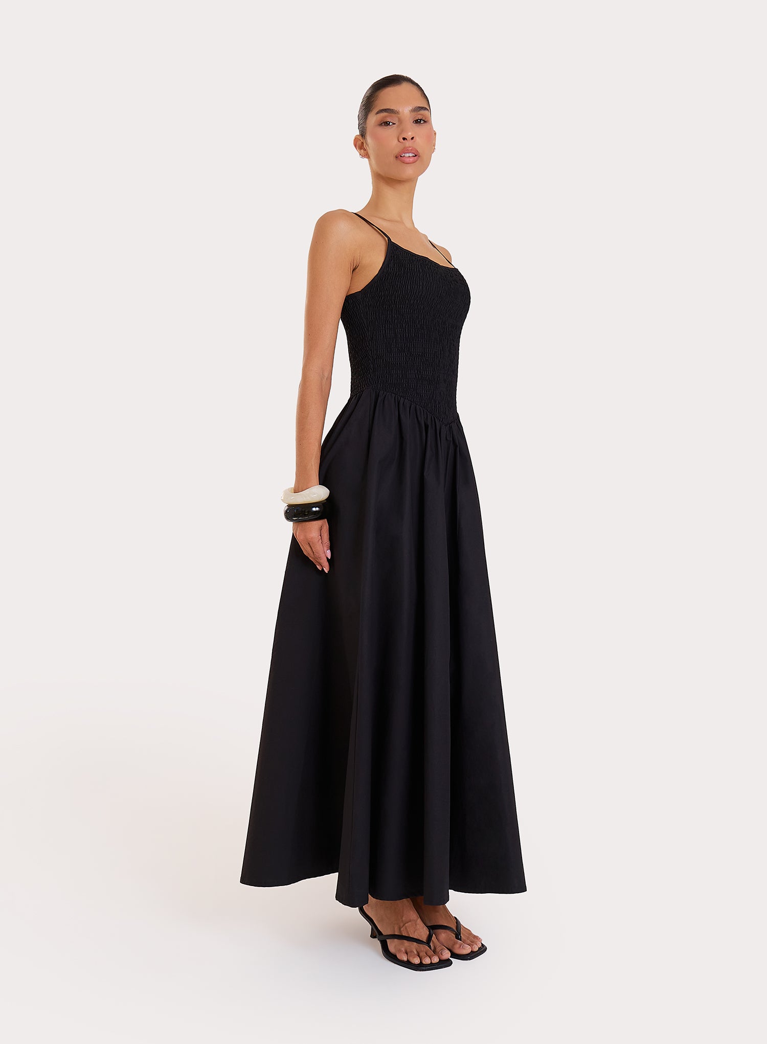 Black Shirred Cotton Maxi Dress- Milano